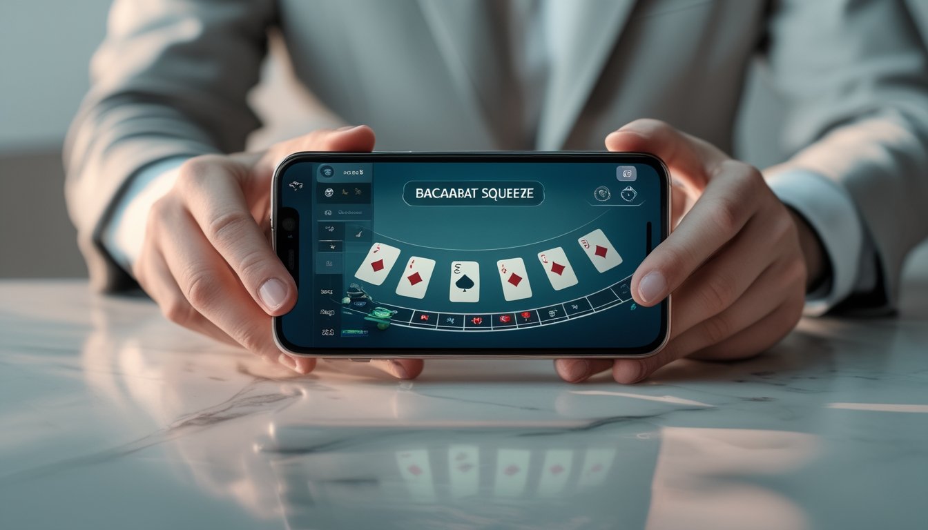 Seseorang memegang ponsel yang menampilkan permainan Baccarat Squeeze dengan fokus pada tangan dan layar ponsel.