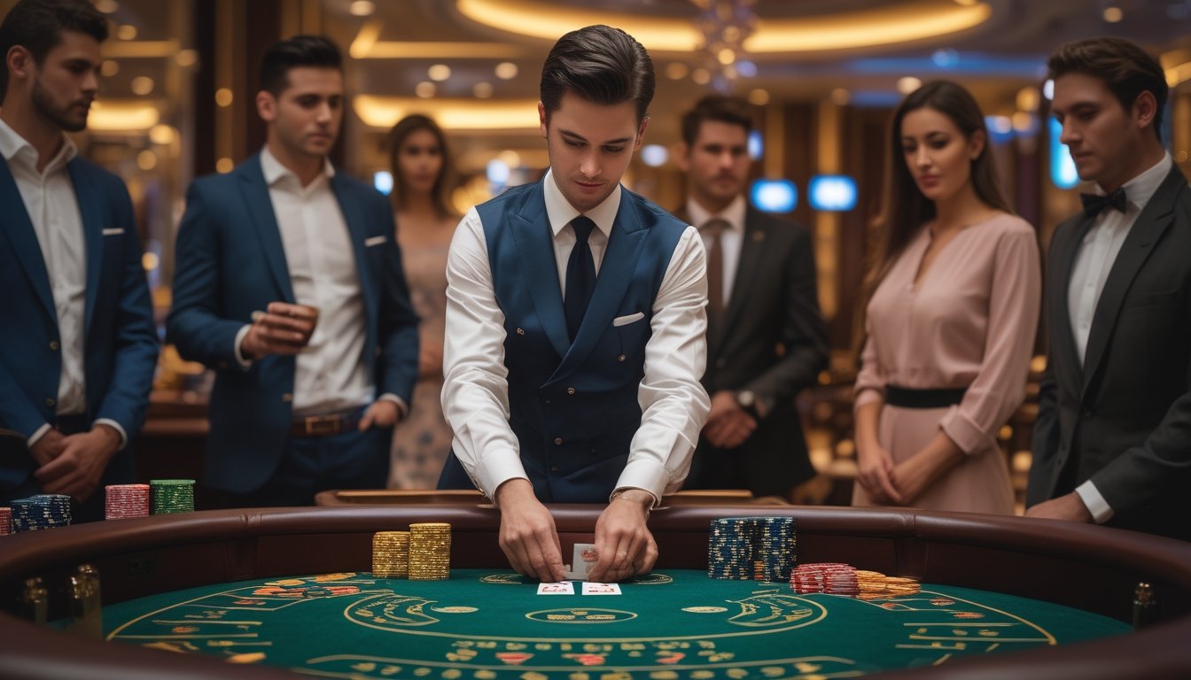 Seorang dealer kartu sedang melakukan gerakan squeeze di meja baccarat dengan beberapa pemain memperhatikan di kasino.