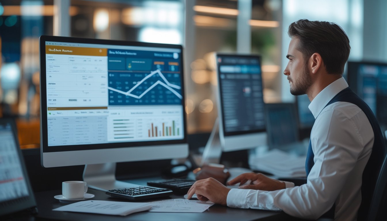 Seorang profesional sedang menganalisis data di depan komputer dengan grafik dan dokumen di meja, suasana kantor modern dengan elemen permainan baccarat di latar belakang.
