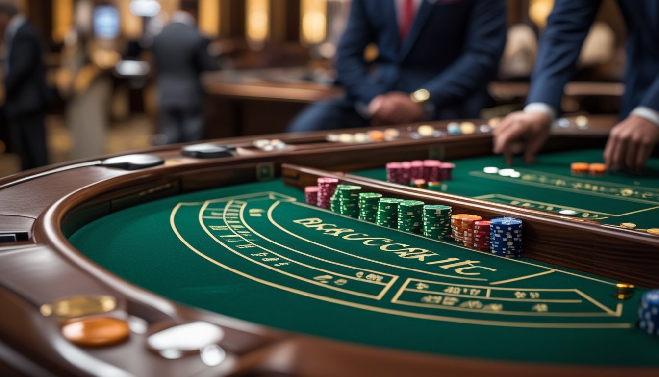 Meja baccarat di kasino dengan tumpukan chip dan suasana permainan yang elegan.
