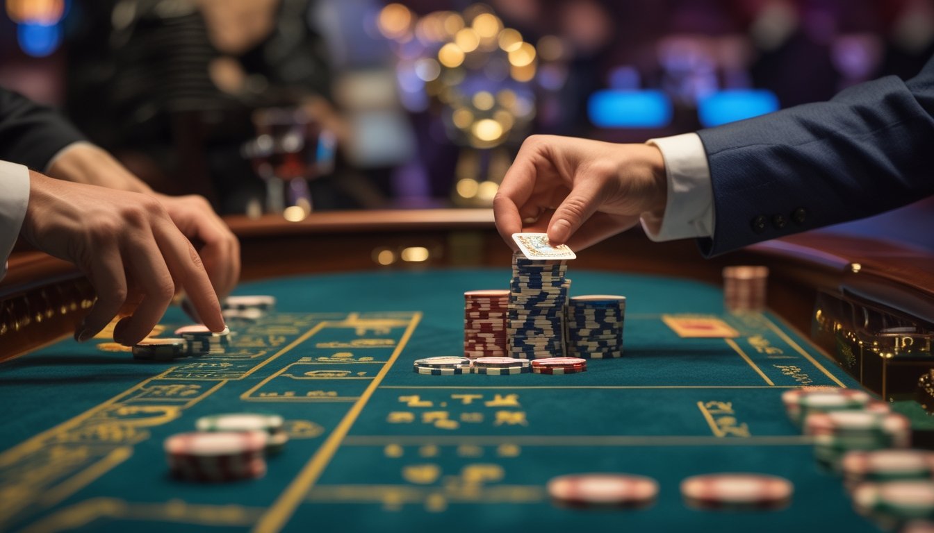 Meja baccarat dengan pemain yang sedang membuka kartu dan tumpukan chip taruhan di sekitarnya.