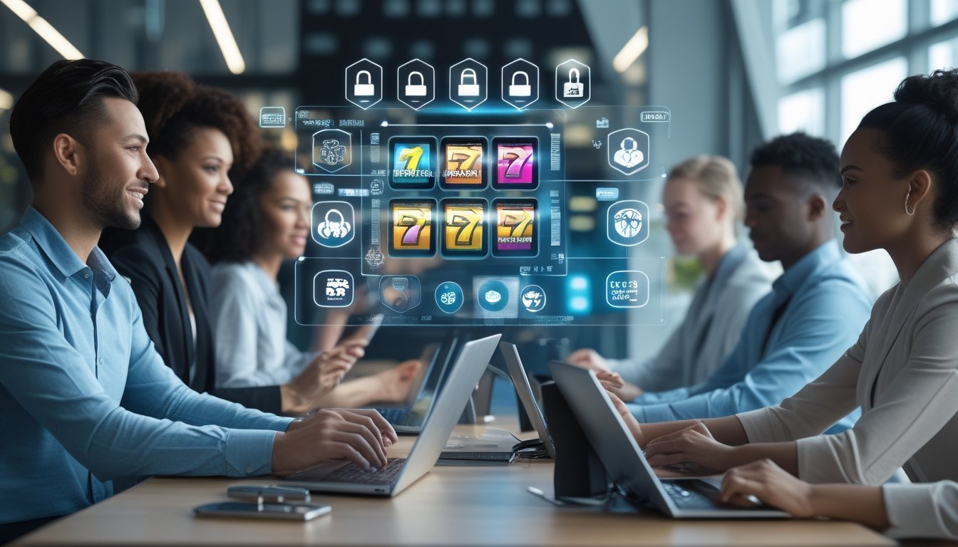 Sekelompok orang menggunakan perangkat digital di kantor modern dengan simbol keamanan data yang futuristik.