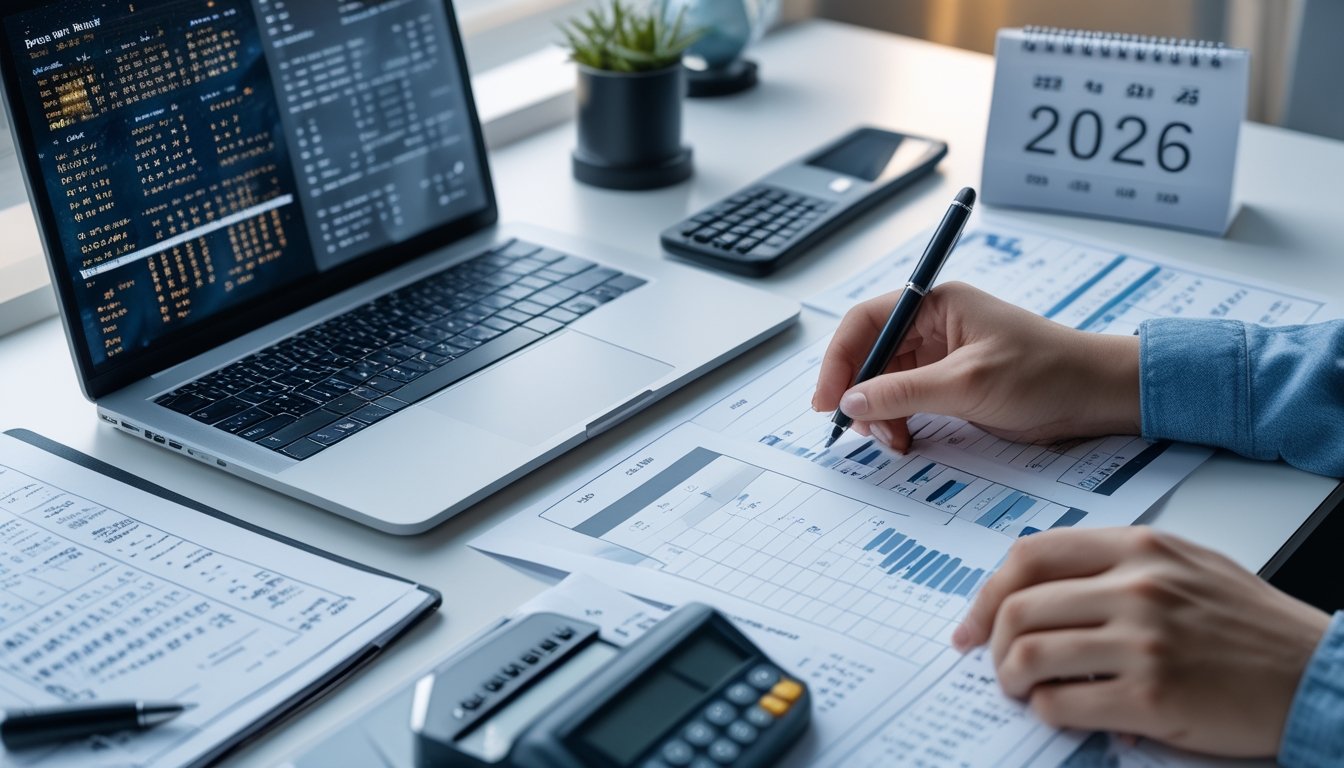Seorang profesional sedang menganalisis data angka togel di meja kerja dengan laptop, kertas, dan alat tulis, di ruang yang terang dan rapi.