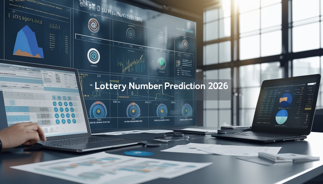 Sebuah ruang kerja modern dengan laptop, kertas berisi data angka, dan kalkulator yang digunakan untuk analisis prediksi angka togel.