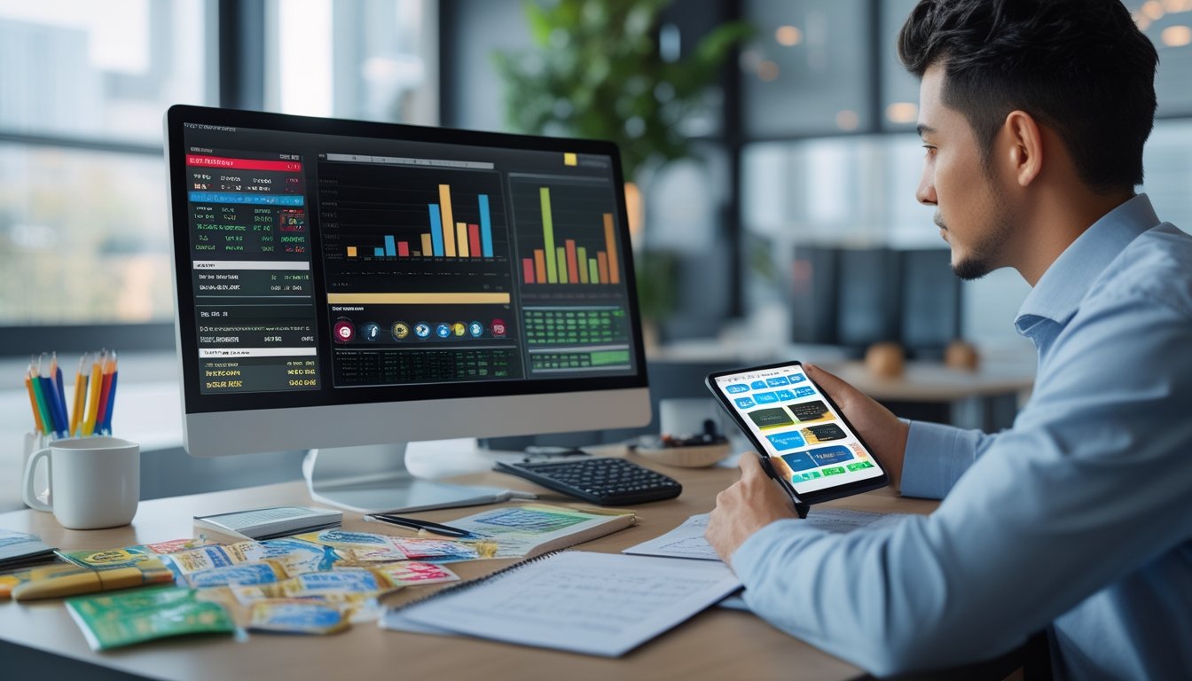 Seorang profesional sedang menganalisis data angka dan grafik pada layar komputer di meja kerja yang rapi.