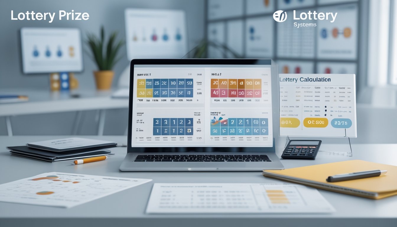 Meja kerja dengan laptop yang menampilkan data angka dan grafik, kalkulator, dan alat tulis, menunjukkan suasana analisis sistem perhitungan hadiah togel 4D, 3D, dan 2D.
