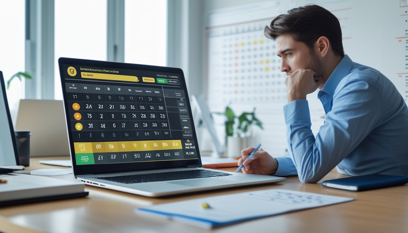 Seorang profesional duduk di meja kantor dengan laptop dan catatan, menganalisis data togel dalam lingkungan kantor yang rapi dan terang.