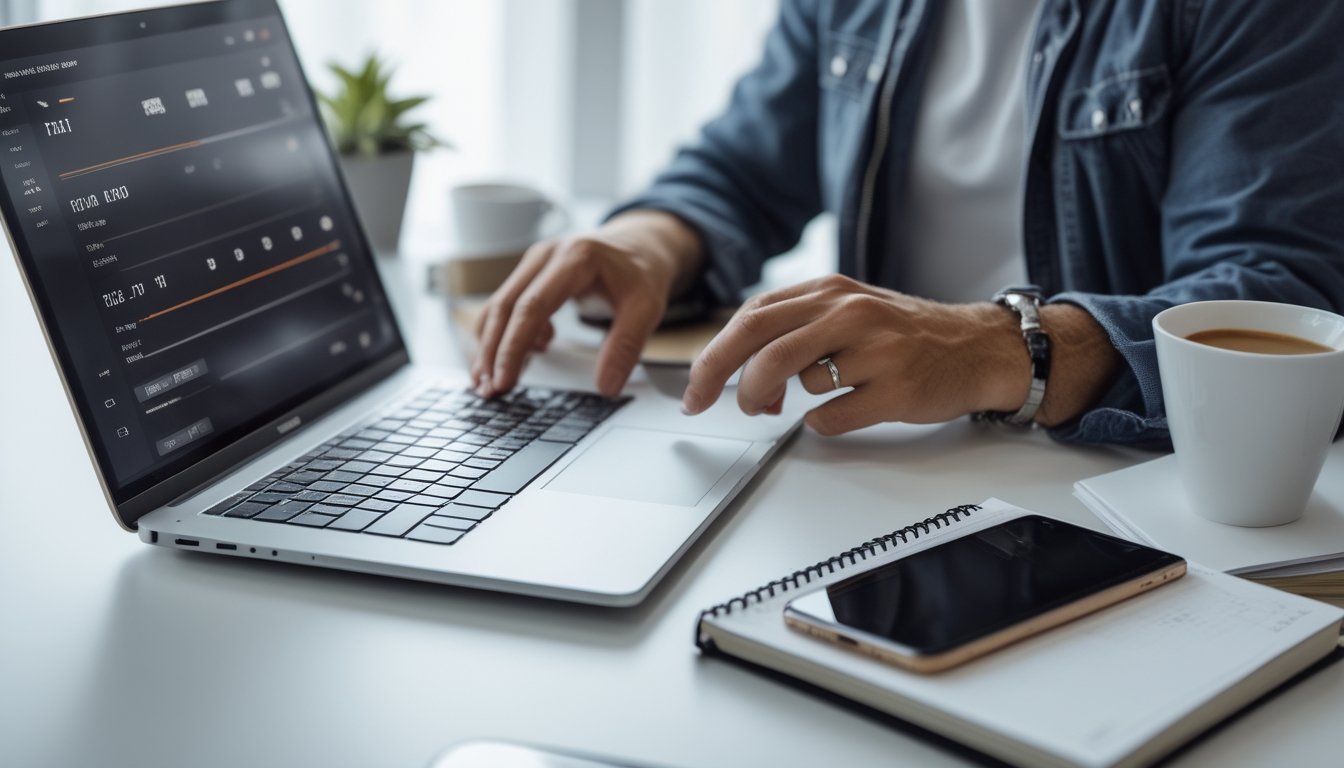 Seseorang menggunakan laptop di meja kerja dengan kopi dan ponsel, terlihat sedang melakukan pendaftaran atau deposit online.