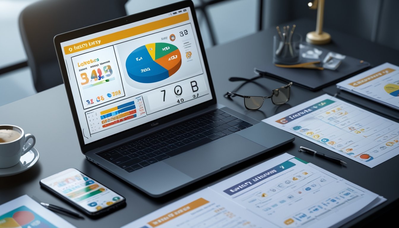 Meja kerja modern dengan laptop, ponsel, dan dokumen yang menampilkan data dan grafik terkait pasar togel 4D, 3D, dan 2D tahun 2026.