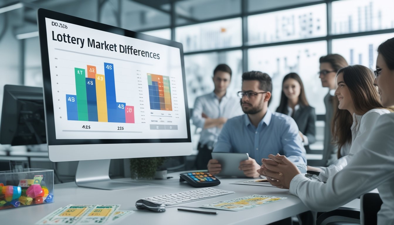Sebuah kantor modern dengan komputer yang menampilkan grafik dan angka terkait pasar togel 4D, 3D, dan 2D, dengan tiket togel dan alat tulis di meja, serta beberapa orang yang sedang berdiskusi.