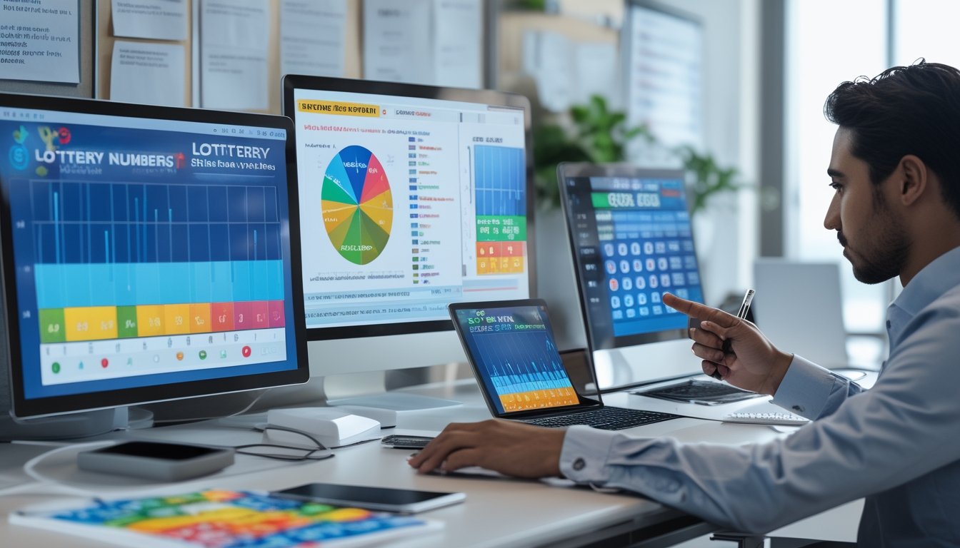 Seorang pria sedang menganalisis data pola angka togel di depan laptop dan tablet di ruang kerja modern.