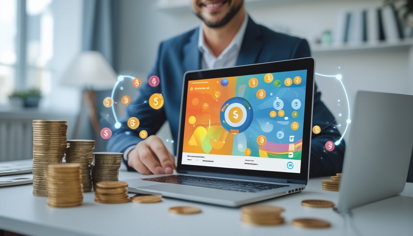 Seorang pria tersenyum di depan laptop dengan bola togel dan uang di meja, menunjukkan suasana kerja yang profesional dan cerah.