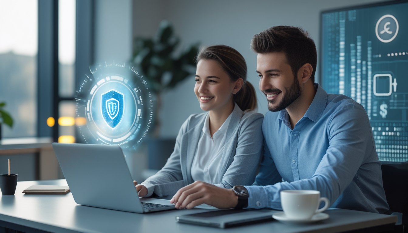 Dua orang dewasa duduk bersama di meja kantor modern sambil melihat layar laptop dengan ekspresi percaya diri dan senang.