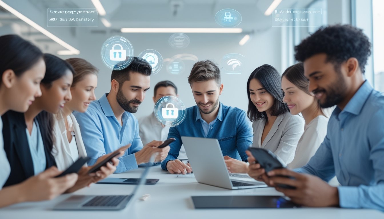 Orang-orang menggunakan ponsel dan laptop di kantor modern untuk melakukan transaksi dompet elektronik dengan simbol keamanan digital.
