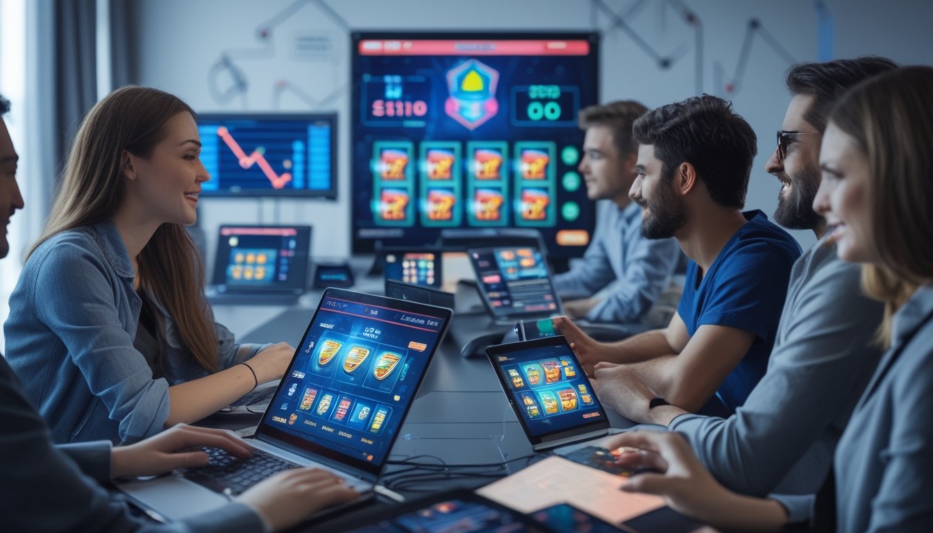 Beberapa orang menggunakan perangkat digital untuk bermain permainan slot online di ruangan yang terang dan modern.