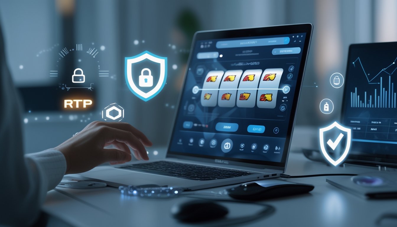 Seseorang menggunakan laptop dengan tampilan permainan slot online dan ikon keamanan seperti gembok dan perisai di sekitar layar.