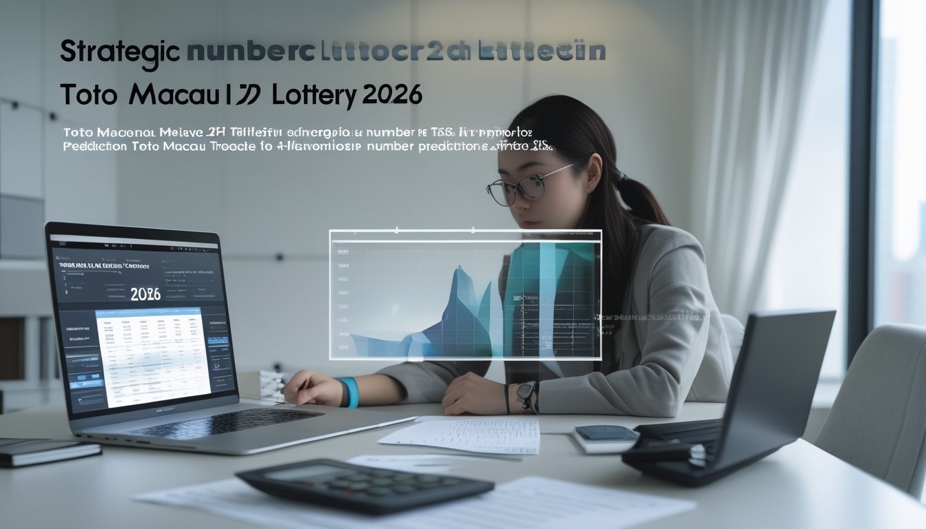 Seseorang sedang menganalisis angka dan grafik di meja kerja yang rapi dengan laptop dan kalkulator.