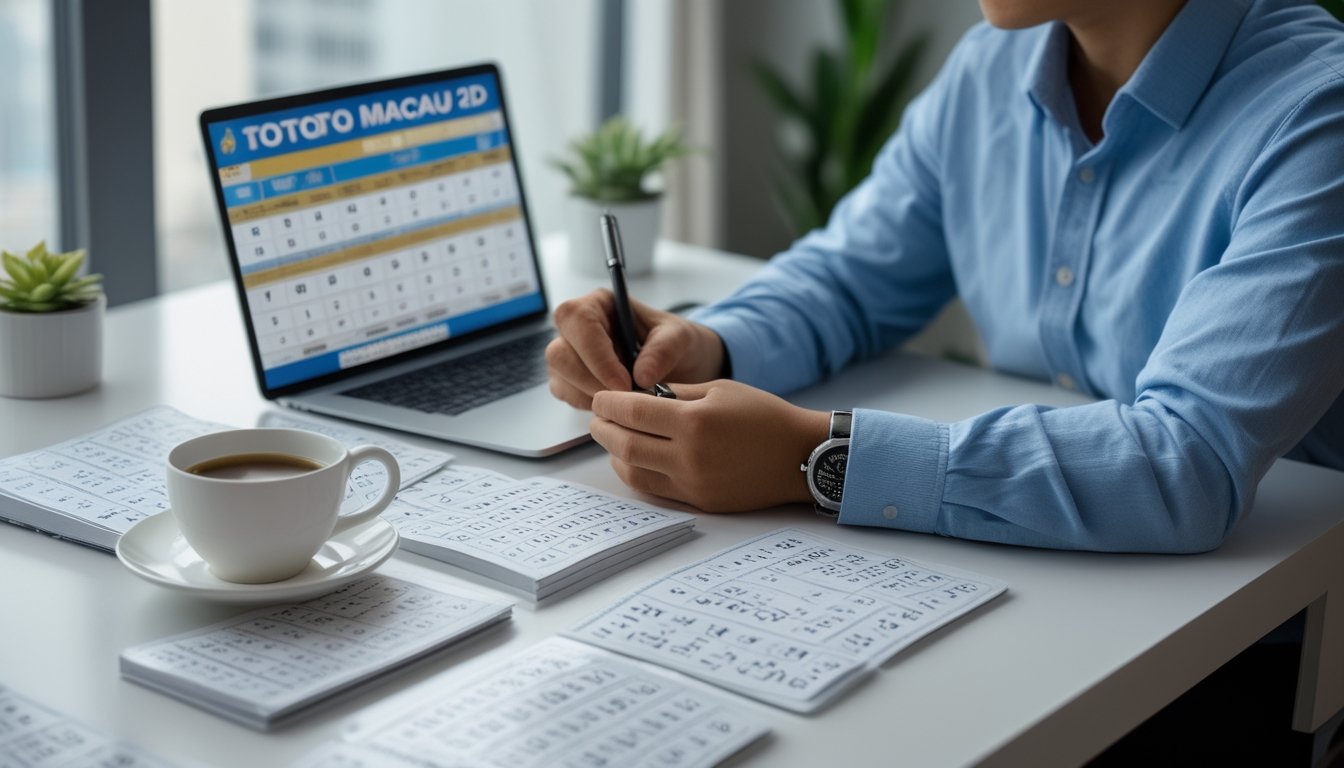 Seseorang sedang menganalisis data angka lotre Toto Macau 2D di meja kerja dengan laptop dan tiket lotre.