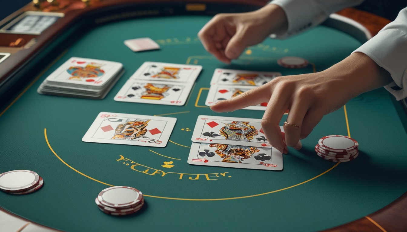Tangan seseorang menunjuk kartu yang tersusun rapi di meja permainan Baccarat dengan pola kartu yang jelas.