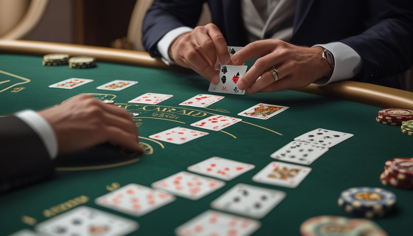 Tangan pemain sedang menganalisis kartu Baccarat 2D di atas meja kasino dengan kartu dan chip yang tertata rapi.