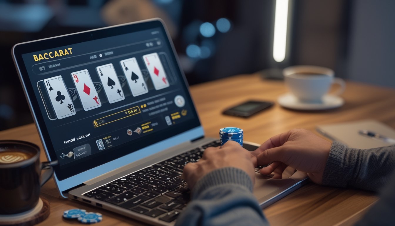 Seseorang sedang bermain bakarat online di komputer dengan tumpukan chip kecil di meja, suasana nyaman di ruang kerja.