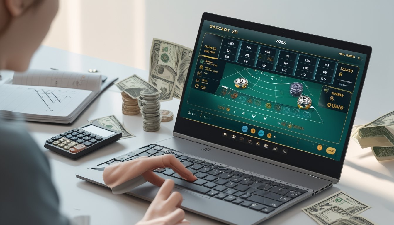 Seorang pemain sedang mengelola modal kecil saat bermain permainan Baccarat 2D online menggunakan laptop di meja kerja dengan kalkulator dan catatan.