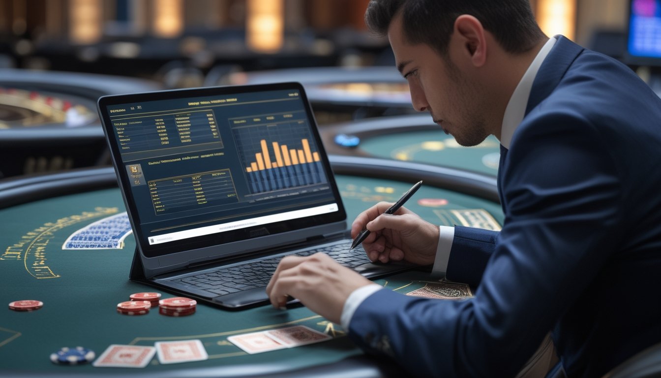 Seorang pemain profesional sedang menganalisis data dan rumus perhitungan baccarat di meja permainan dengan kartu dan chip di kasino.