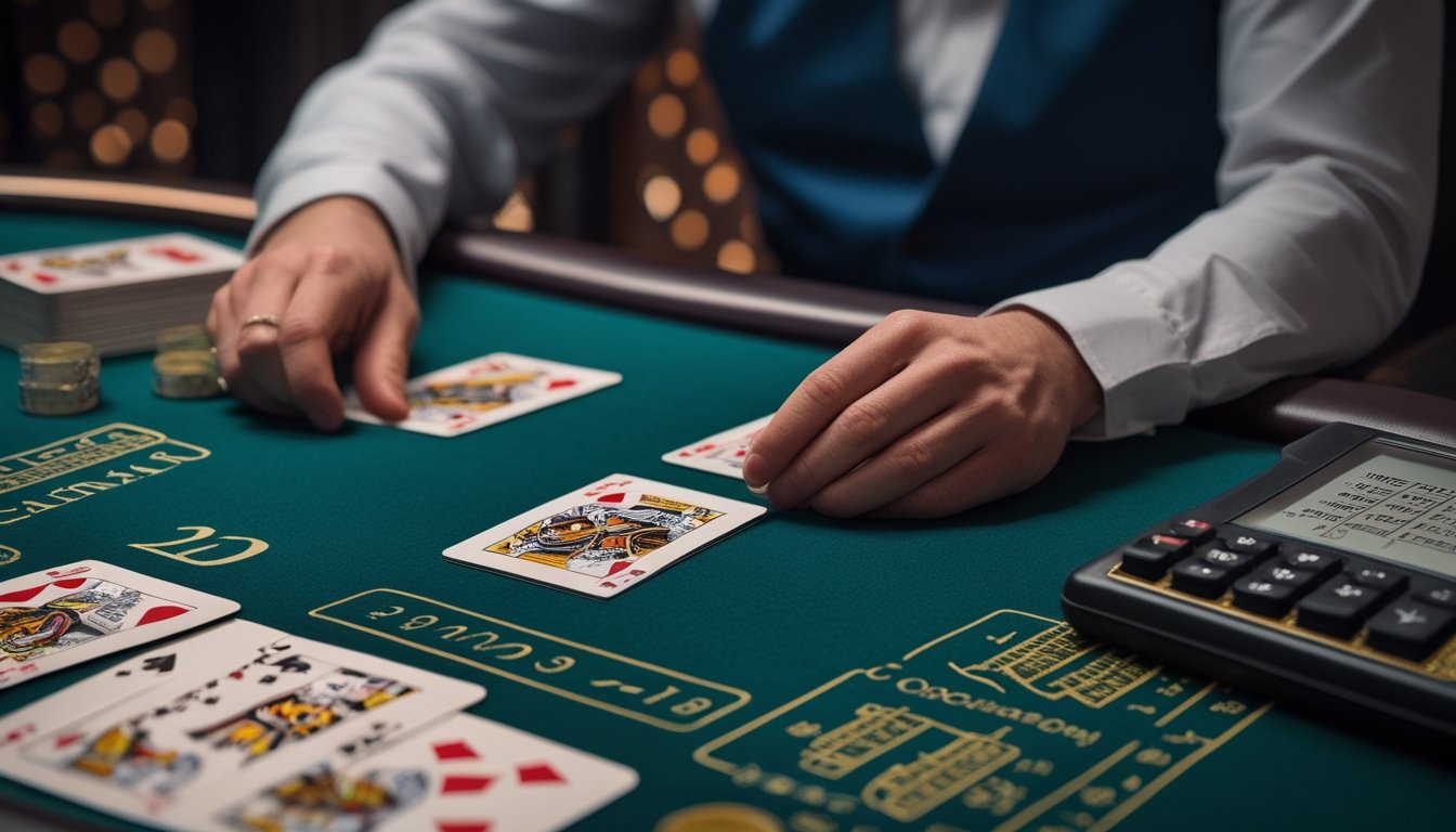Seorang pemain profesional sedang menganalisis kartu baccarat 2D di meja kasino dengan kalkulator dan catatan rumus di dekatnya.