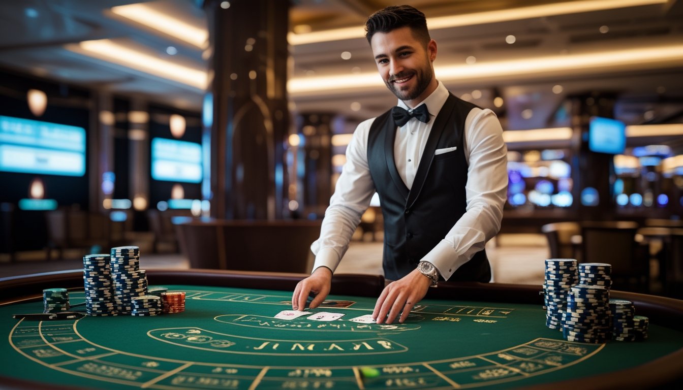 Seorang dealer profesional sedang membagikan kartu di meja baccarat dengan suasana kasino modern di latar belakang.