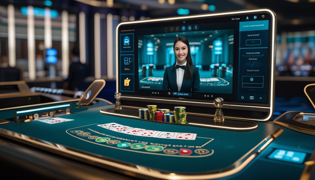 Tampilan profesional dari permainan baccarat 2D online dengan dealer langsung di layar komputer.