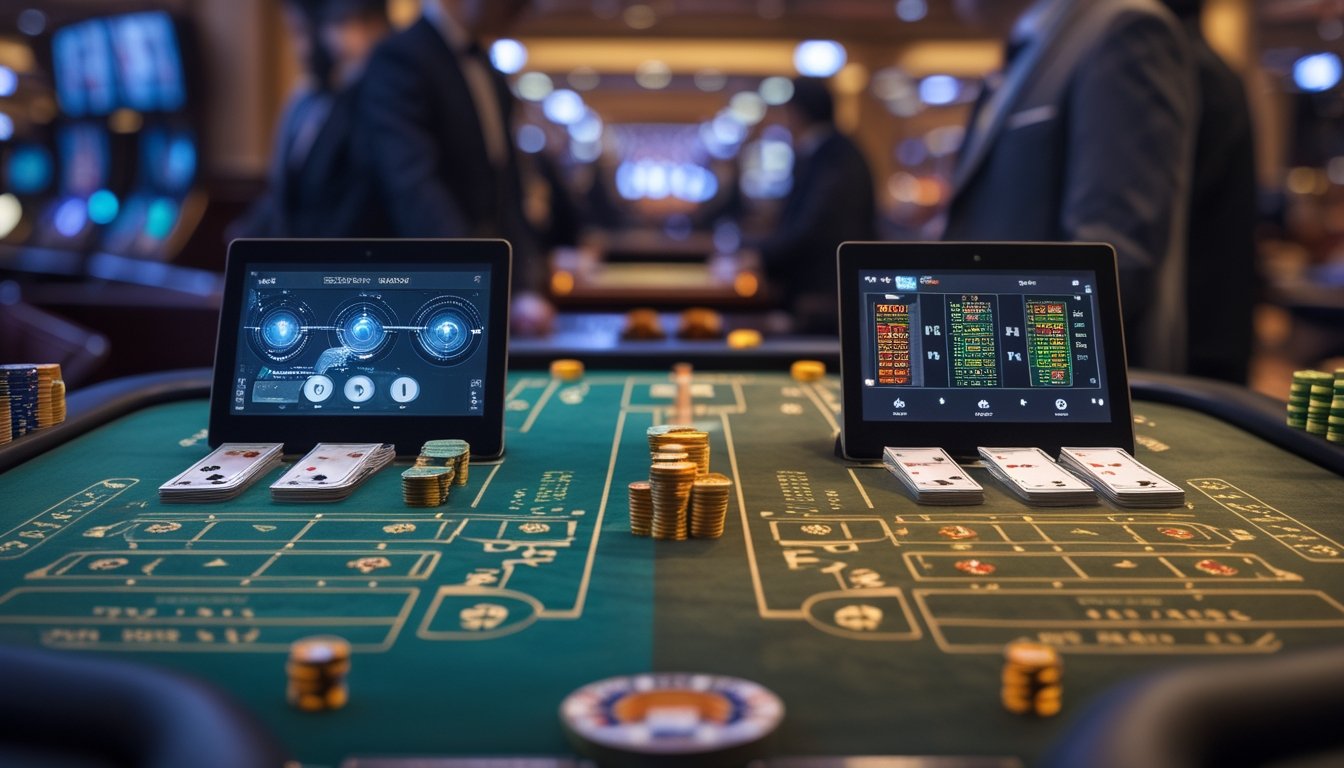 Meja permainan baccarat dengan kartu dan chip yang menunjukkan dua teknik taruhan berbeda, satu modern dan satu klasik, di dalam suasana kasino yang elegan.