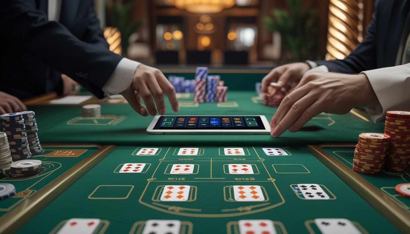 Meja kasino dengan pemain yang bertaruh menggunakan teknik taruhan Baccarat 2D pada layar digital dan teknik klasik dengan chip di meja.
