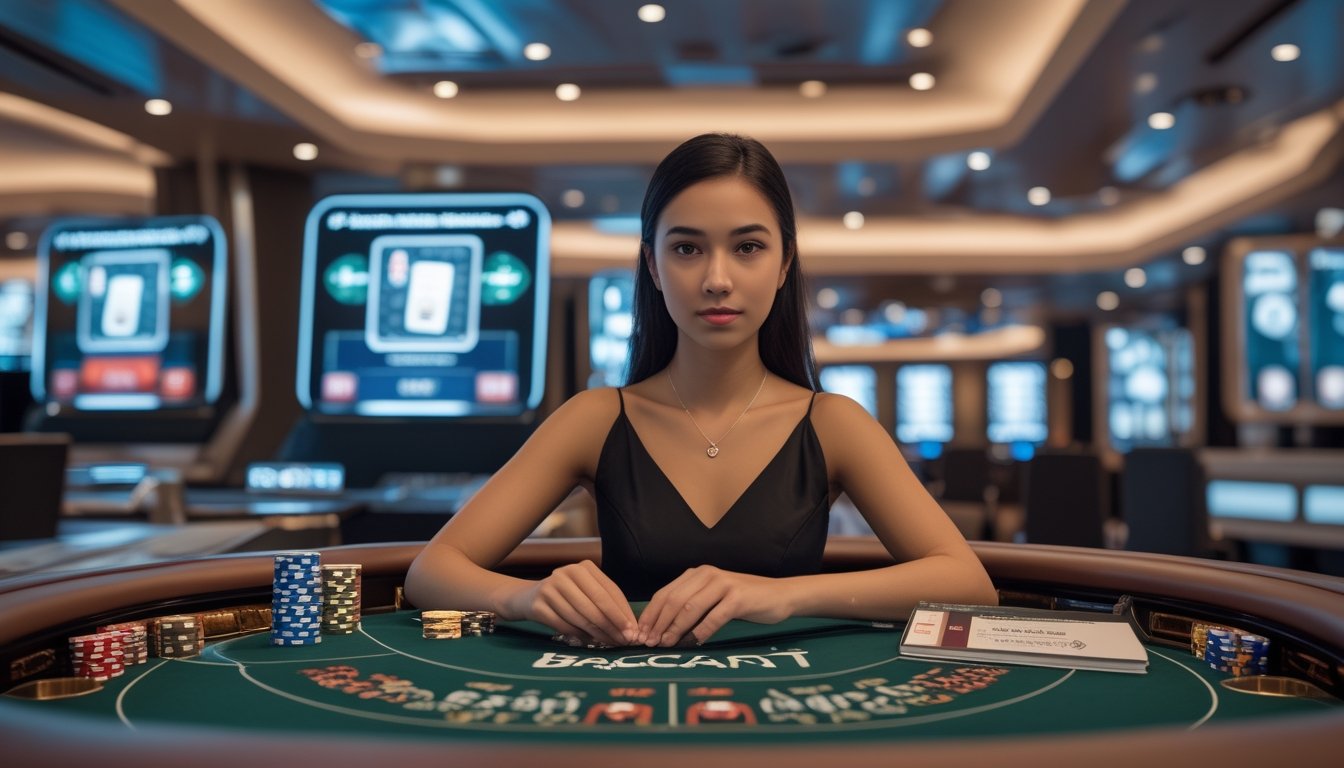 Seorang pemula bermain baccarat 2D di meja kasino modern dengan kartu digital dan chip, terlihat fokus belajar strategi permainan.