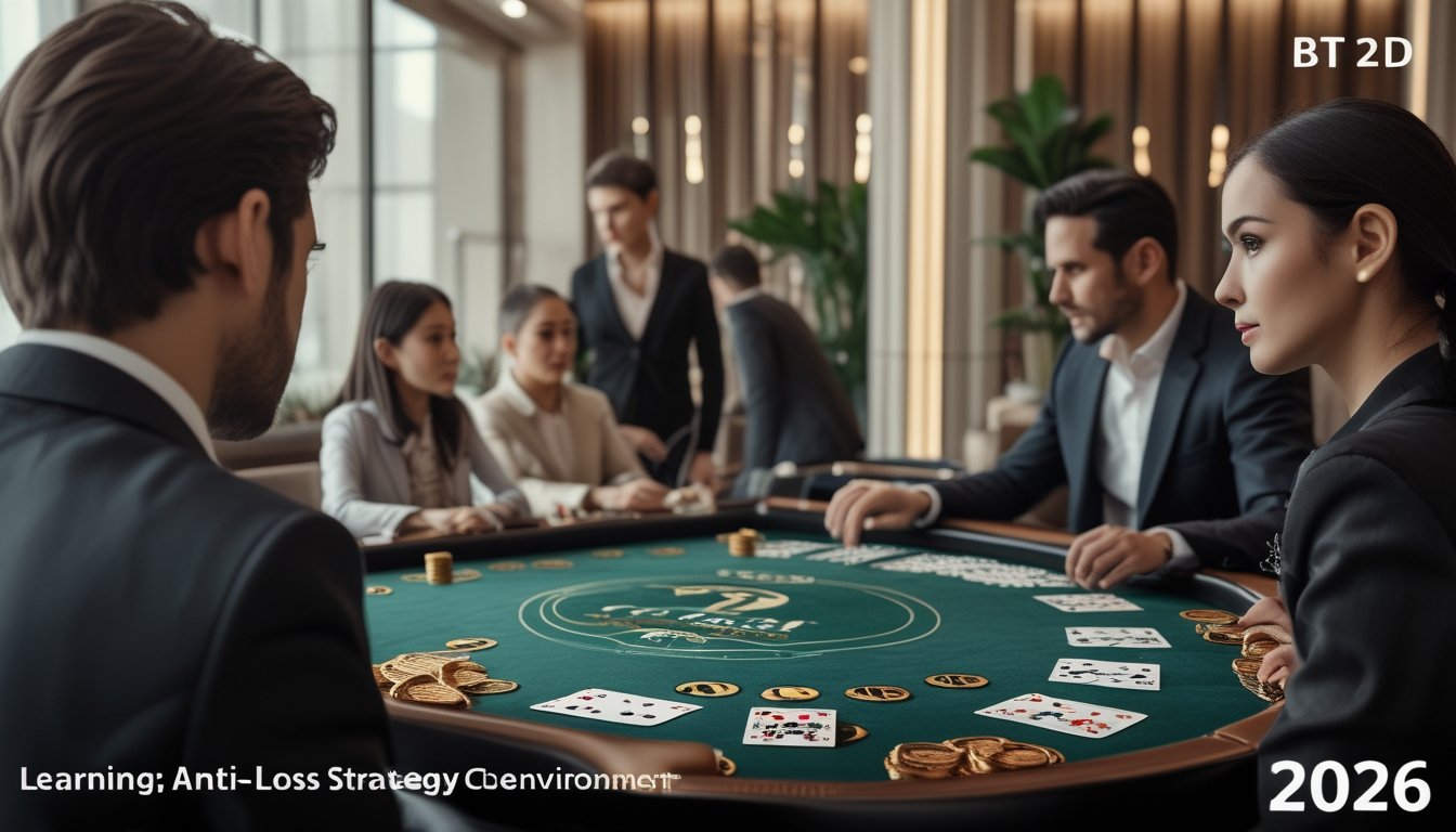 Meja baccarat 2D dengan kartu dan chip tertata rapi, dua pemain sedang fokus bermain di lingkungan kasino yang modern dan terang.