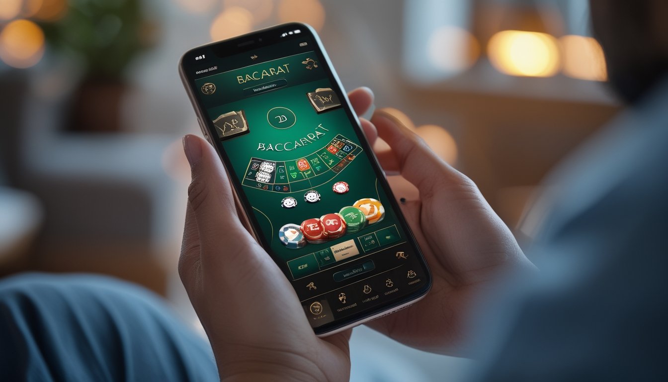 Seseorang memegang ponsel yang menampilkan permainan Baccarat 2D di aplikasi mobile dengan latar belakang dalam ruangan yang nyaman.