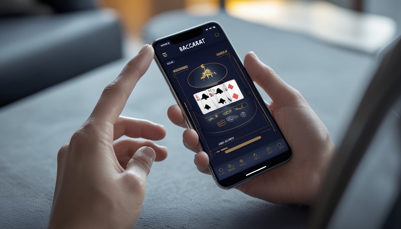 Seseorang memegang smartphone dengan tampilan permainan Baccarat 2D yang jelas di layar dalam suasana dalam ruangan yang nyaman.