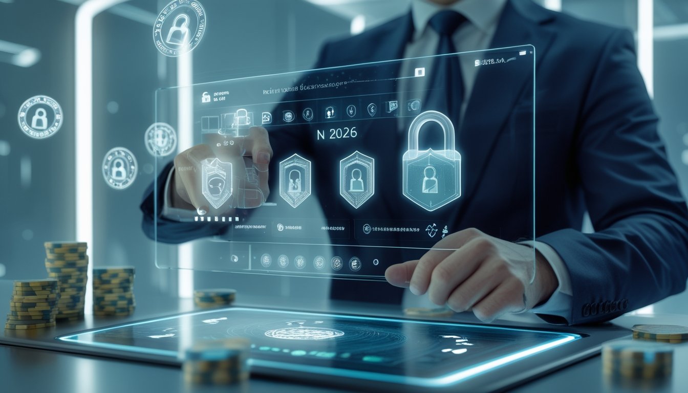 Seorang profesional menggunakan layar sentuh digital dengan simbol keamanan data dan kartu baccarat mengambang di latar belakang.