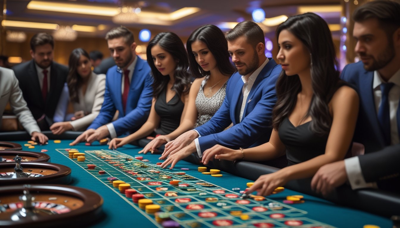 Beberapa roda roulette di meja kasino dengan pemain yang sedang memasang taruhan dan berkonsentrasi pada permainan.