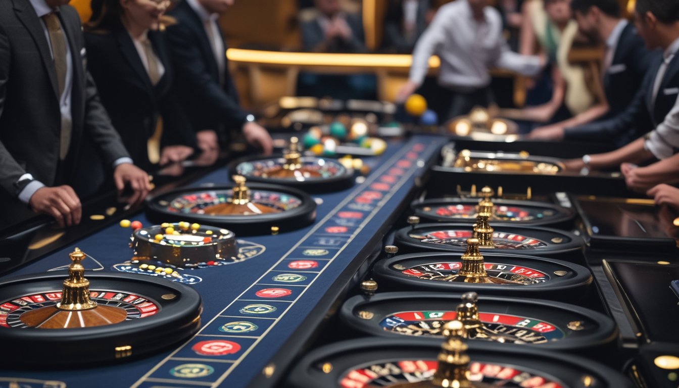 Beberapa roda roulette yang berputar di atas meja kasino dengan pemain yang fokus dan bersemangat di sekitarnya.