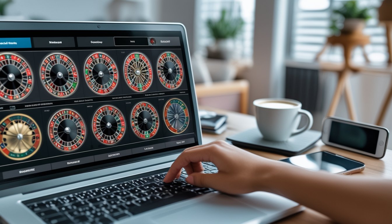 Seseorang menggunakan komputer dengan beberapa roda roulette online yang sedang berputar di layar, di meja dengan secangkir kopi dan ponsel.