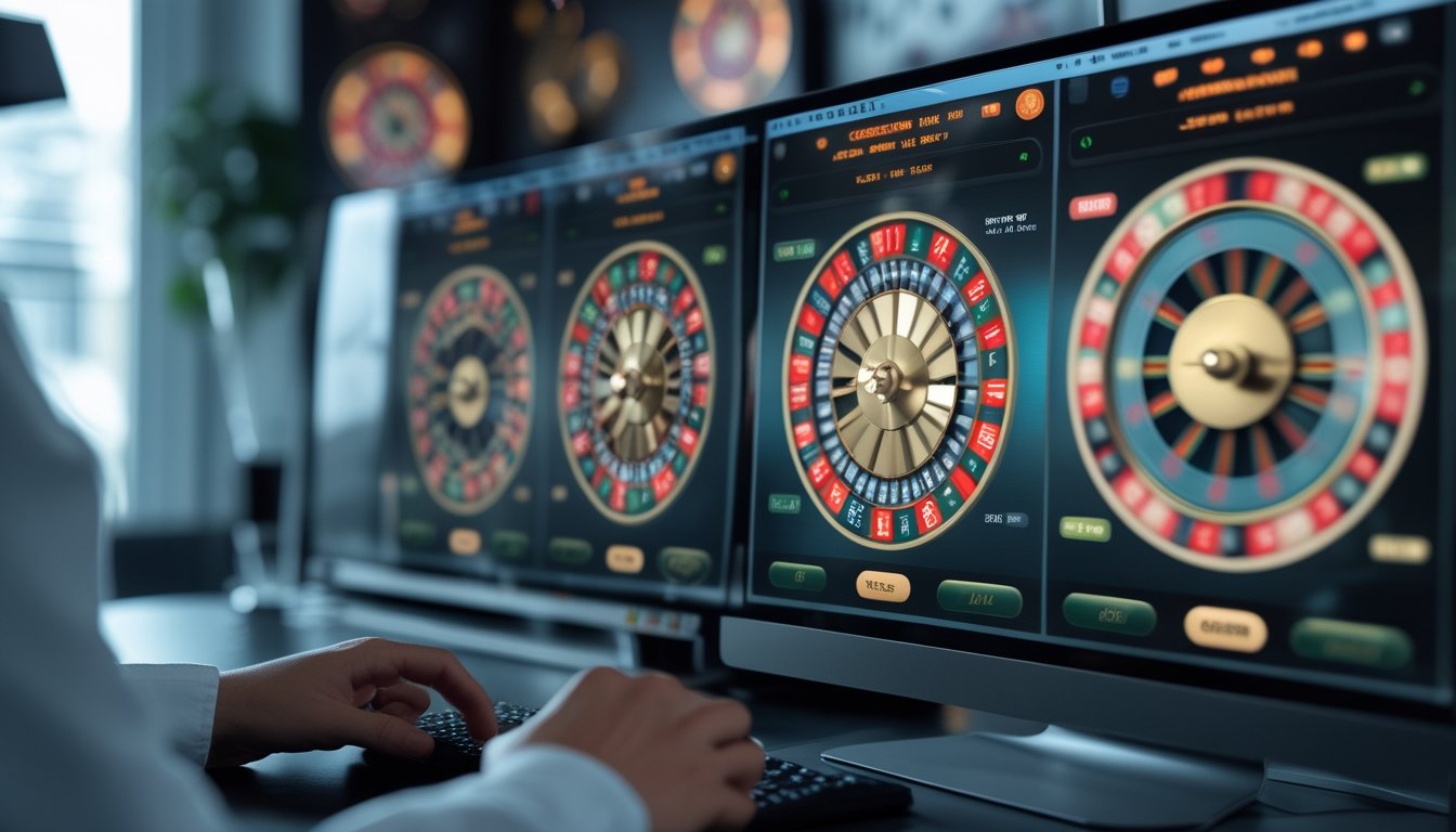 Seseorang bermain roulette multi-wheel online dengan beberapa roda roulette digital di layar komputer.