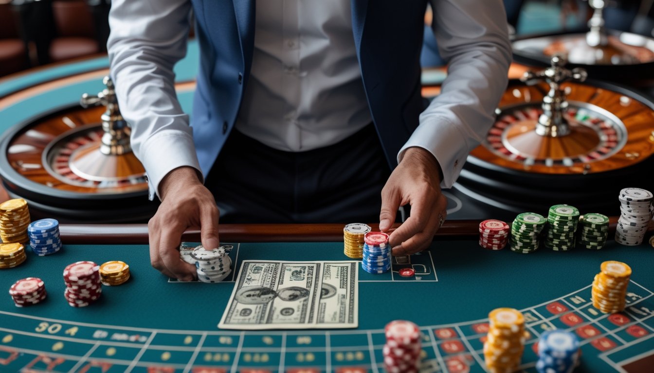 Seseorang sedang mengatur chip taruhan di depan beberapa roda roulette yang berputar di kasino.