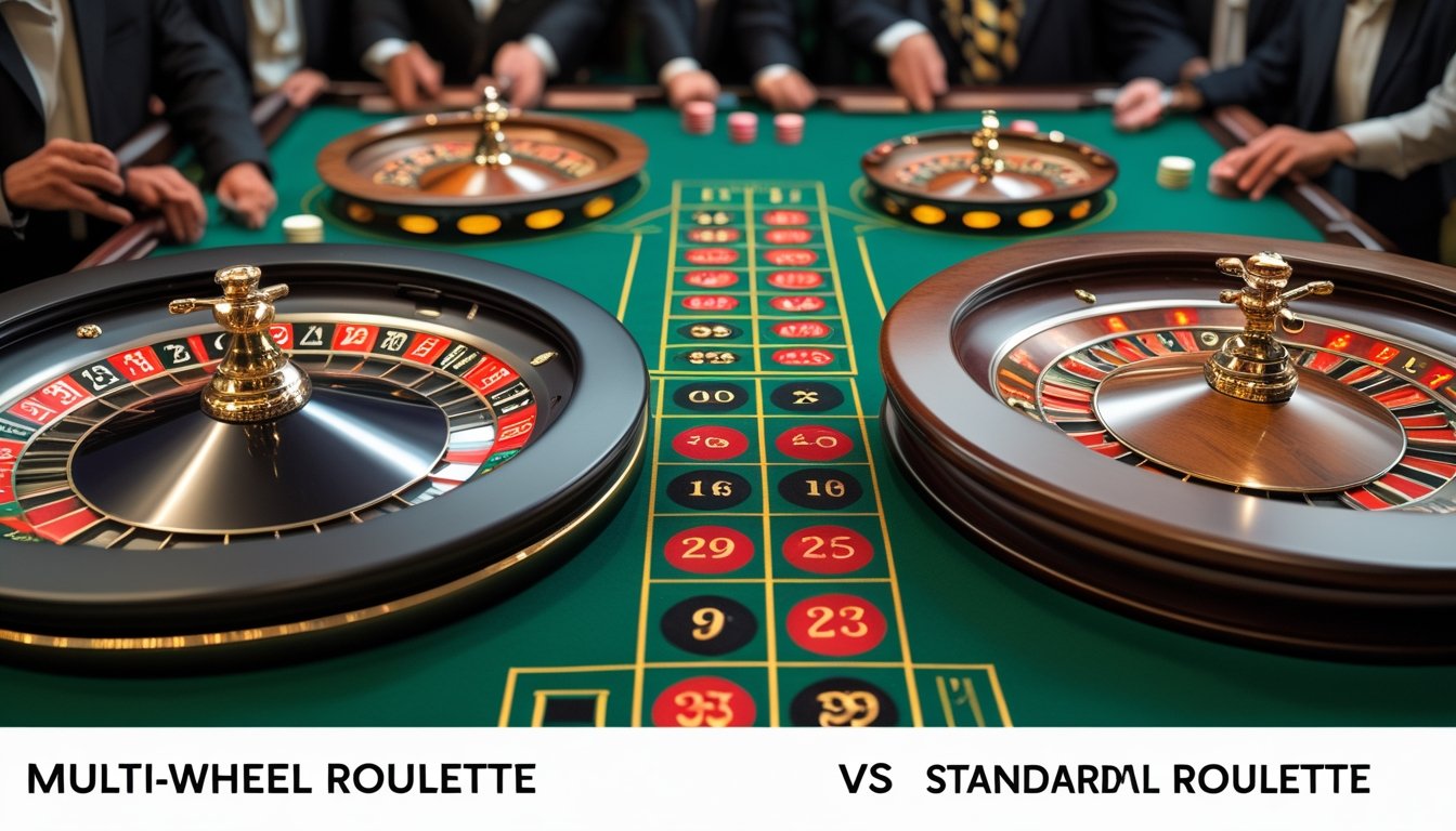 Dua meja roulette berdampingan di kasino, satu dengan beberapa roda roulette dan satu lagi dengan satu roda, dengan pemain mengamati permainan.