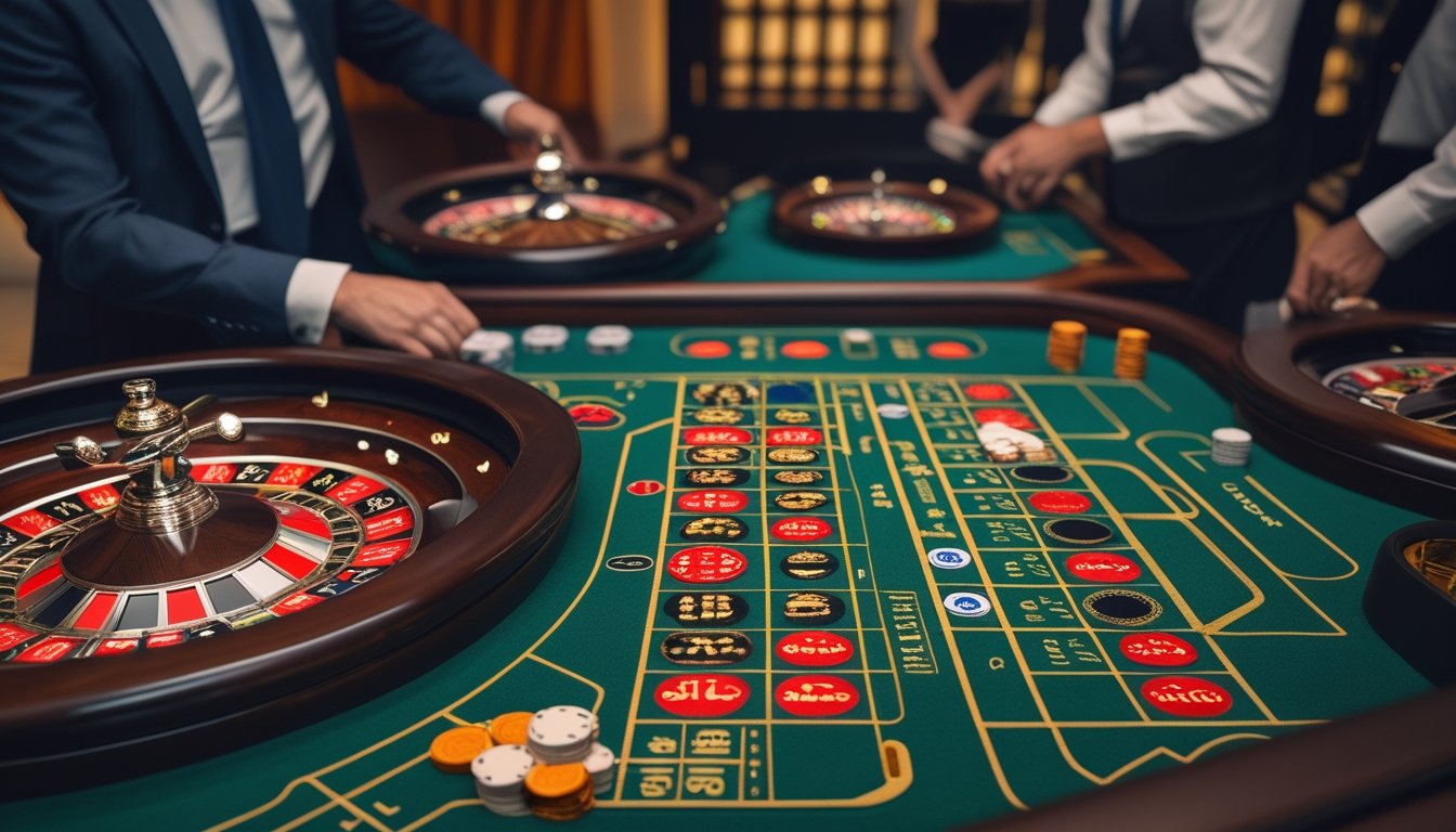 Beberapa orang bermain di meja roulette dengan satu meja multi-wheel dan satu meja roulette standar di sebuah kasino.