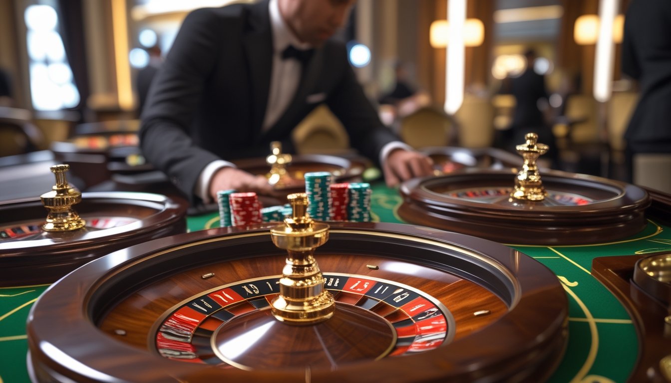 Seorang pemain di meja roulette dengan beberapa roda roulette yang berputar dan tumpukan chip taruhan yang tersusun rapi.