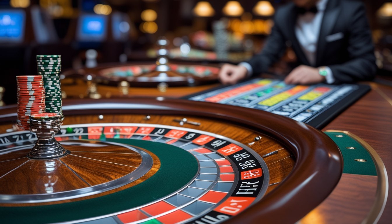 Beberapa roda roulette berputar di atas meja kasino dengan tumpukan chip warna-warni, seorang pemain berpakaian rapi sedang mengamati roda tersebut dengan serius.