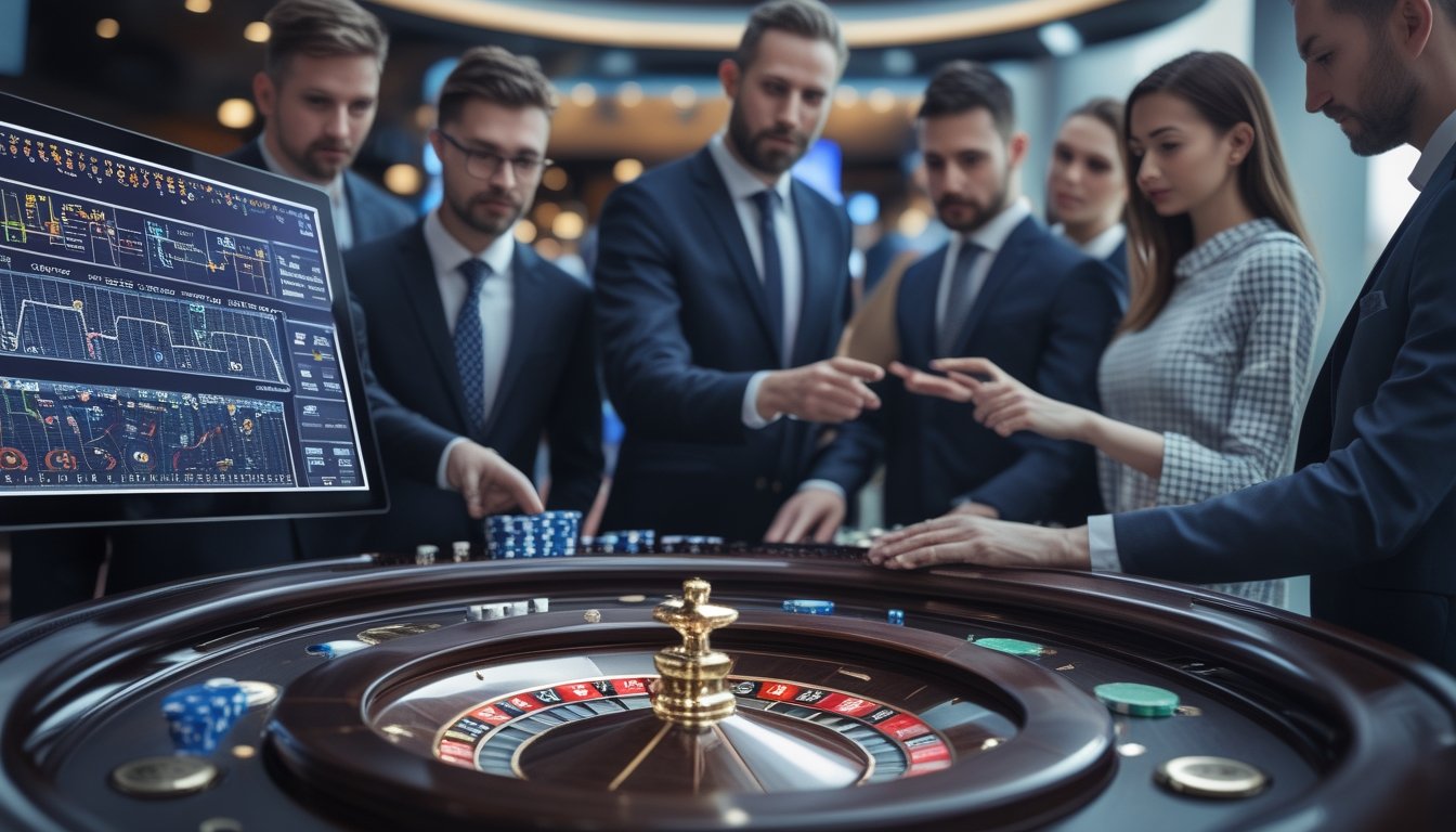 Beberapa roda roulette modern yang berjejer di meja kasino dengan orang-orang yang sedang berdiskusi dan menganalisis strategi permainan.