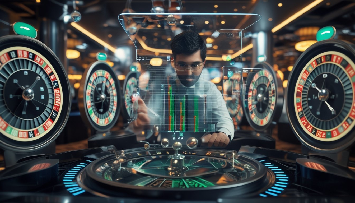 Seorang analis matematika sedang memeriksa beberapa roda roulette yang berjejer di kasino modern.