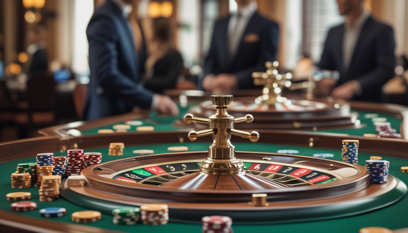 Interior kasino mewah dengan meja roulette multi-roda dan pemain yang sedang bermain