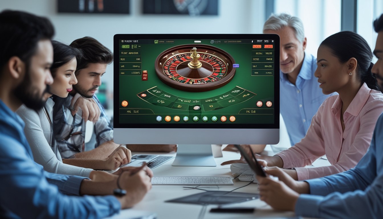 Sekelompok orang sedang berdiskusi di depan komputer yang menampilkan permainan roulette multi-wheel dalam suasana kantor yang modern dan terang.